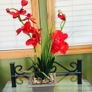 Red Artificial Orchid Arrangement in Gray Planter -